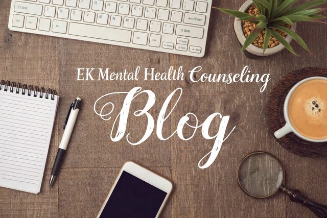 Therapy notes, desk setup, and calming mental health blog visual