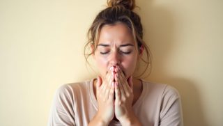 Person covering mouth with hands, appearing nauseous.