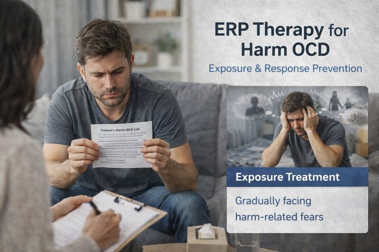 Illustration of ERP therapy helping a person face intrusive harm thoughts without compulsions