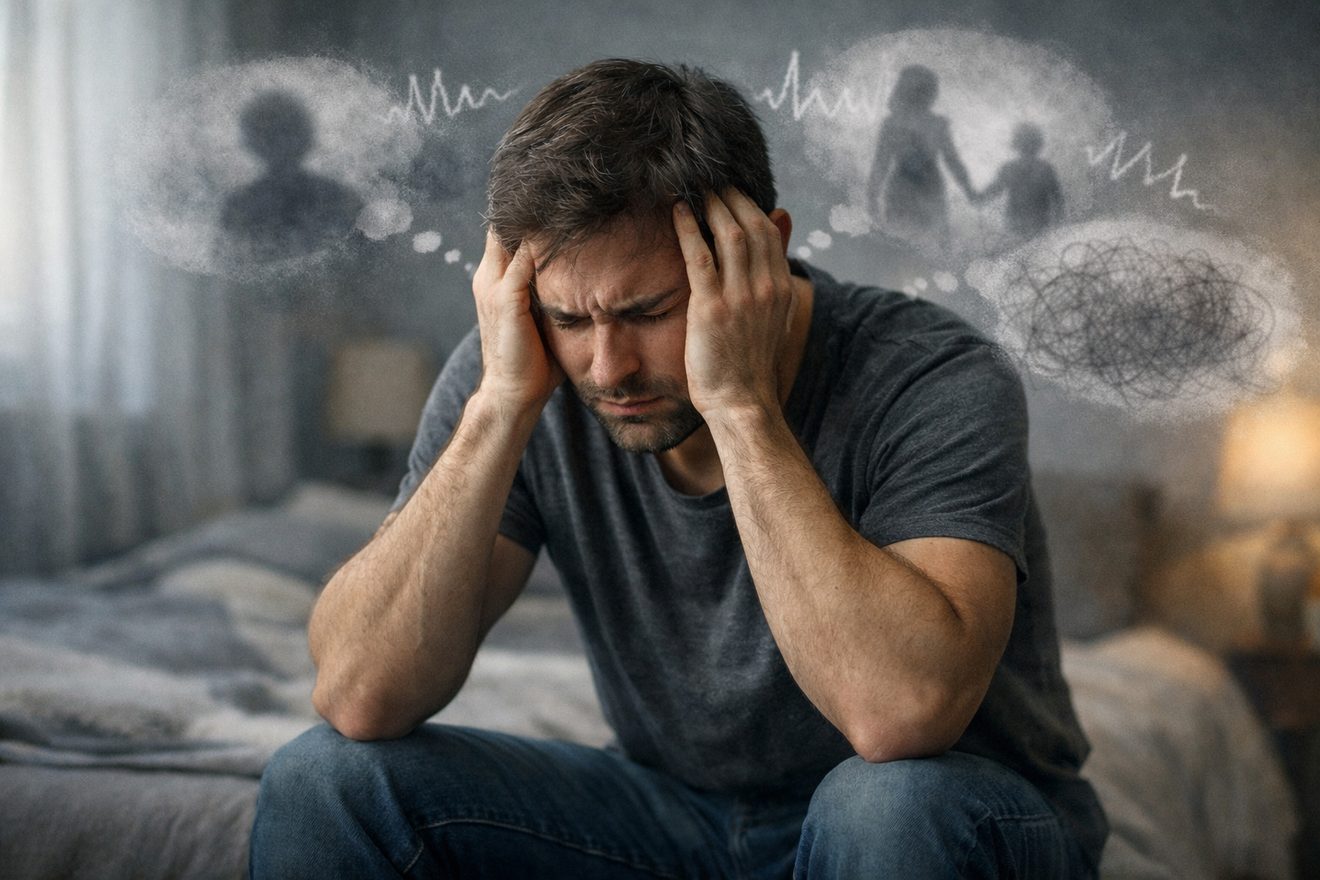 Person sitting in distress while struggling with intrusive harm thoughts and fear of losing control