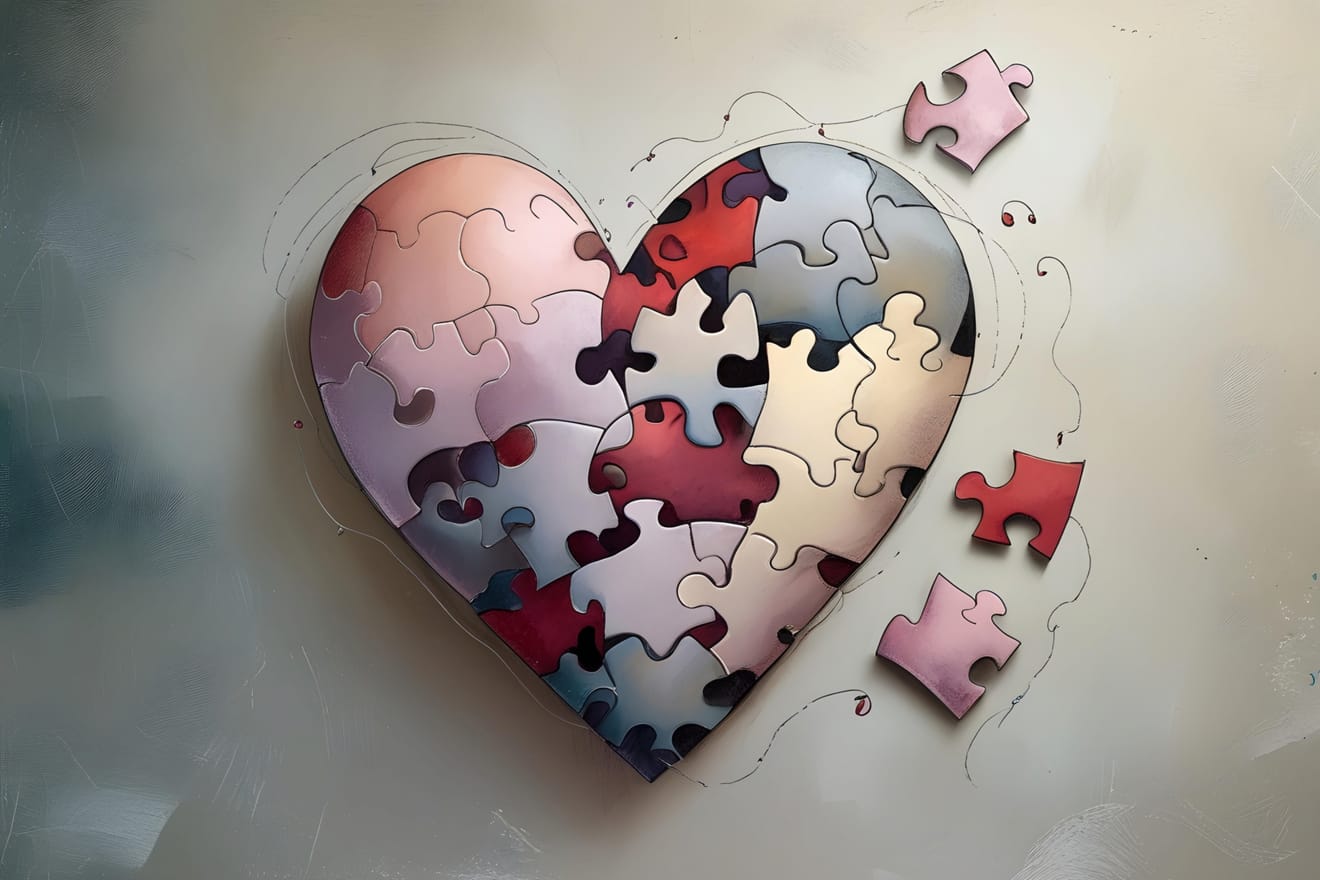 Heart made of colorful jigsaw puzzle pieces with a few pieces drifting away, symbolizing uncertainty in a relationship.