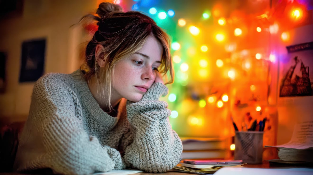 Woman ruminating at desk with colorful lights, feeling overwhelmed and anxious.