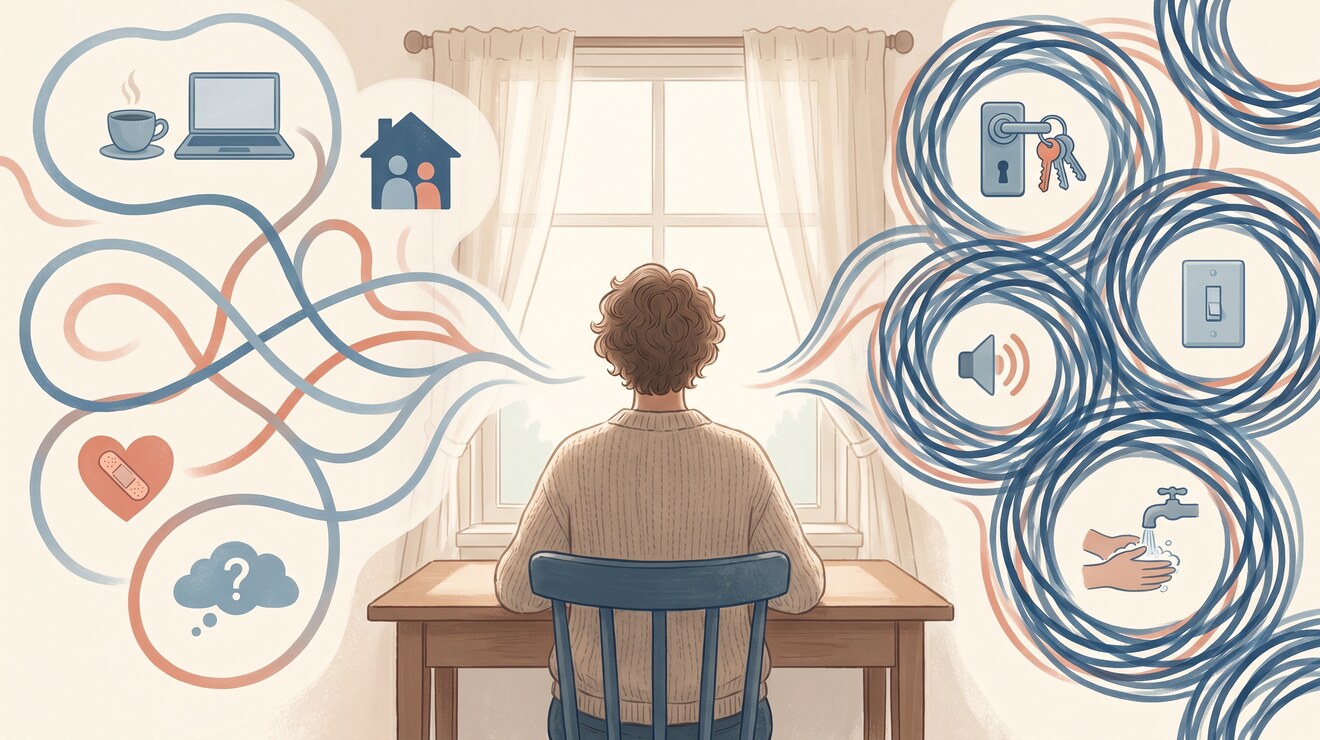 Illustration comparing generalized worry patterns and OCD thought loops for therapy education.