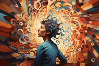 Abstract portrait of a person surrounded by swirling, chaotic shapes symbolizing intrusive thoughts and mental noise.