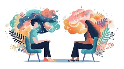 Two people in a therapy session with colorful, expressive thoughts between them